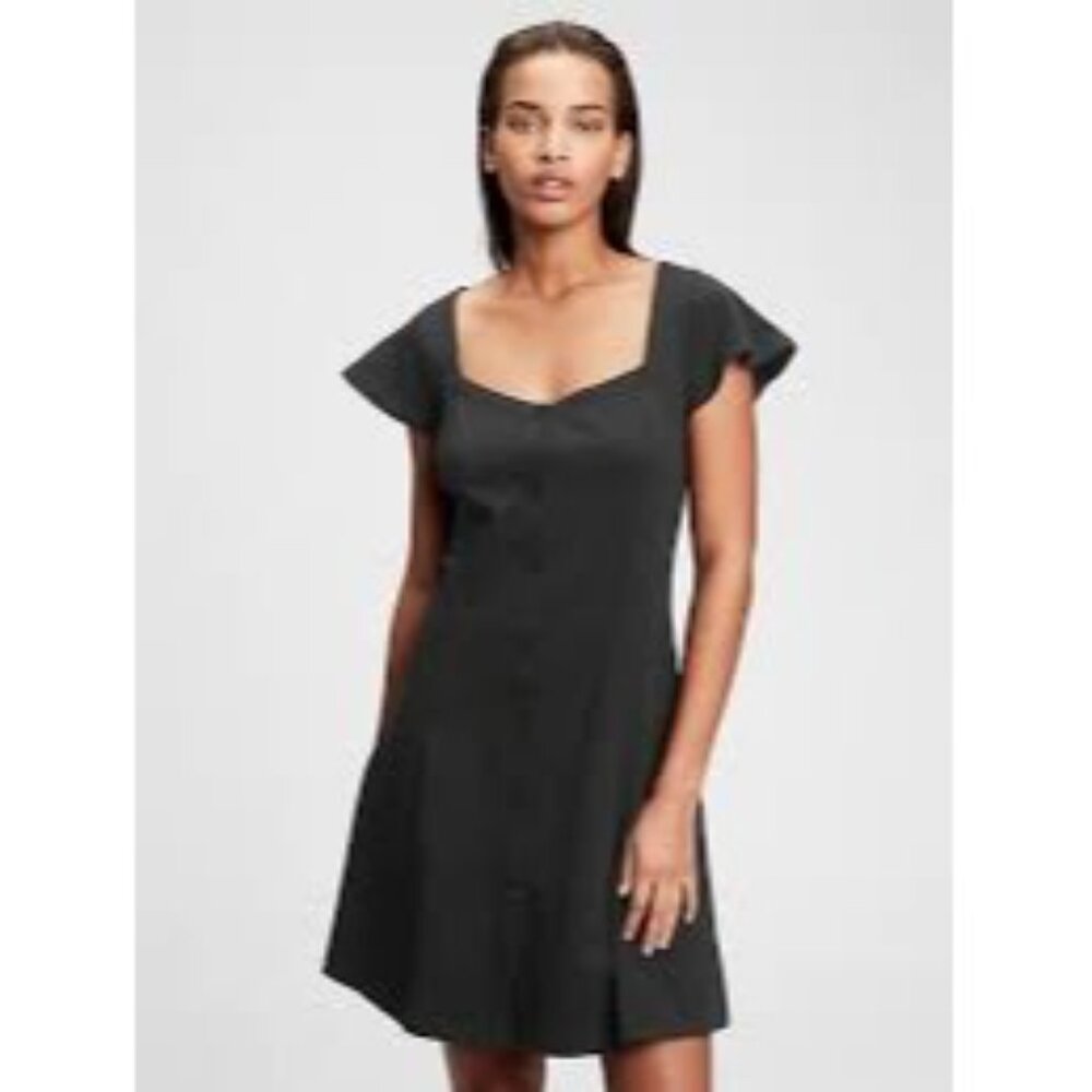 Gap Women's 12 TALL Black Button Front Short Sleeve Square Neck Mini Dress